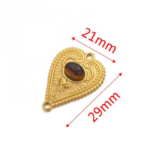 Picture of 304 Stainless Steel & Gemstone Connectors Charms Pendants 18K Gold Plated Brown Heart 29mm x 21mm, 1 Piece