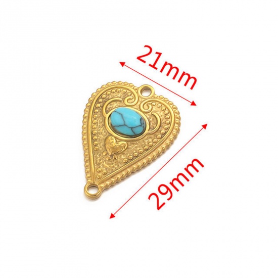 Picture of 304 Stainless Steel & Gemstone Connectors Charms Pendants 18K Gold Plated Blue Heart 29mm x 21mm, 1 Piece