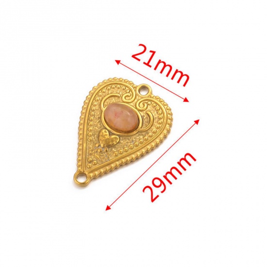 Picture of 304 Stainless Steel & Gemstone Connectors Charms Pendants 18K Gold Plated Pink Heart 29mm x 21mm, 1 Piece