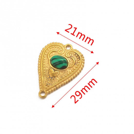 Picture of 304 Stainless Steel & Gemstone Connectors Charms Pendants 18K Gold Plated Green Heart 29mm x 21mm, 1 Piece