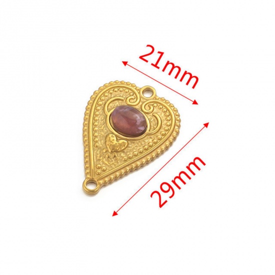 Picture of 304 Stainless Steel & Gemstone Connectors Charms Pendants 18K Gold Plated Purple Heart 29mm x 21mm, 1 Piece