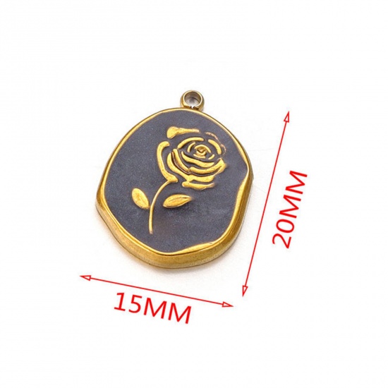Picture of 304 Stainless Steel Charms 18K Gold Color Black Oval Rose Flower Enamel 15mm x 20mm, 2 PCs