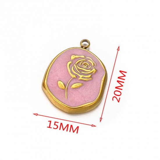 Picture of 304 Stainless Steel Charms 18K Gold Color Pink Oval Rose Flower Enamel 15mm x 20mm, 2 PCs