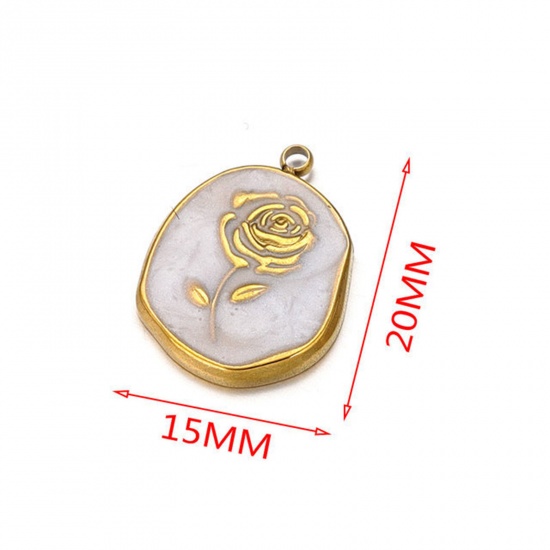 Picture of 304 Stainless Steel Charms 18K Gold Color White Oval Rose Flower Enamel 15mm x 20mm, 2 PCs