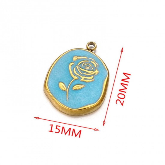 Picture of 304 Stainless Steel Charms 18K Gold Color Blue Oval Rose Flower Enamel 15mm x 20mm, 2 PCs