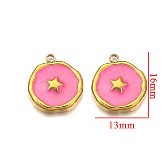 Picture of 2 PCs 304 Stainless Steel Charms 18K Gold Plated Round Pentagram Star Enamel 13mm x 16mm