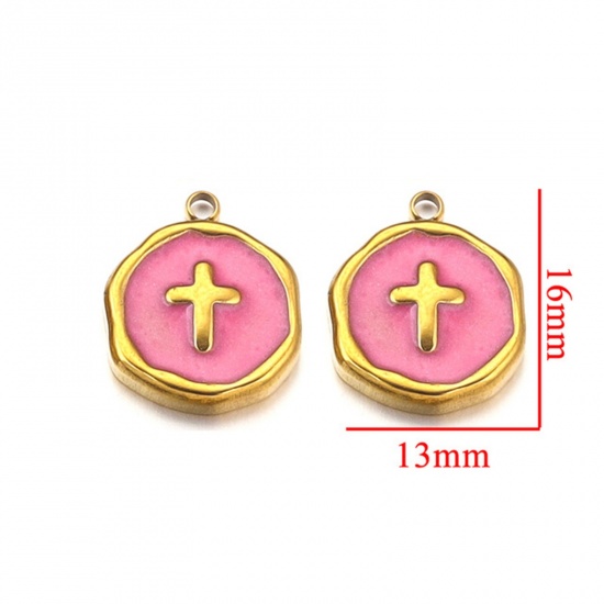 Picture of 2 PCs 304 Stainless Steel Charms 18K Gold Plated Round Cross Enamel 13mm x 16mm