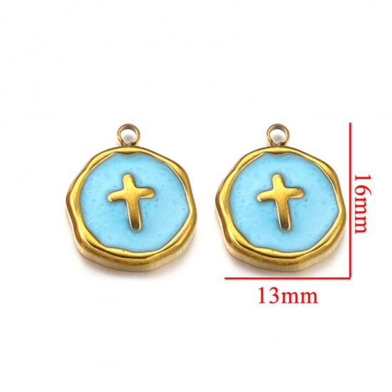 Picture of 2 PCs 304 Stainless Steel Charms 18K Gold Plated Round Cross Enamel 13mm x 16mm