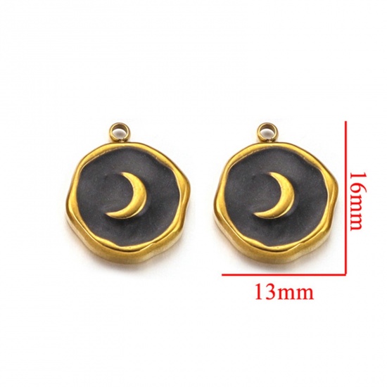 Picture of 2 PCs 304 Stainless Steel Charms 18K Gold Plated Round Moon Enamel 13mm x 16mm