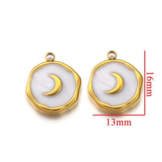 Picture of 2 PCs 304 Stainless Steel Charms 18K Gold Plated Round Moon Enamel 13mm x 16mm