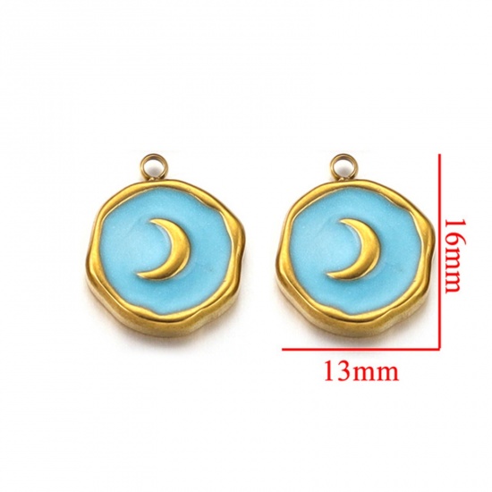 Picture of 2 PCs 304 Stainless Steel Charms 18K Gold Plated Round Moon Enamel 13mm x 16mm