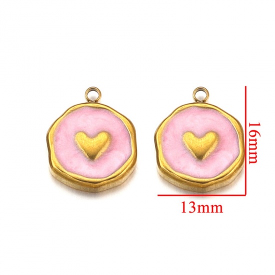 Picture of 2 PCs 304 Stainless Steel Charms 18K Gold Plated Round Heart Enamel 13mm x 16mm