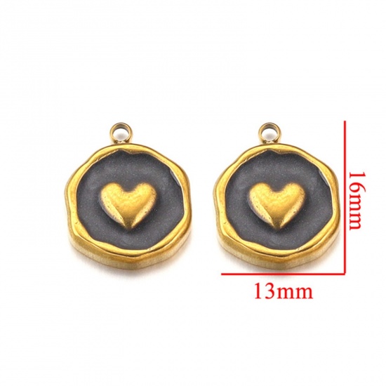 Picture of 2 PCs 304 Stainless Steel Charms 18K Gold Plated Round Heart Enamel 13mm x 16mm