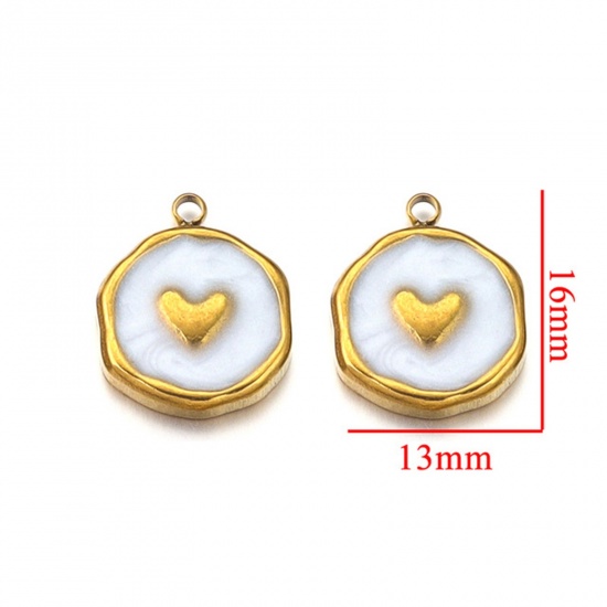 Picture of 2 PCs 304 Stainless Steel Charms 18K Gold Plated Round Heart Enamel 13mm x 16mm