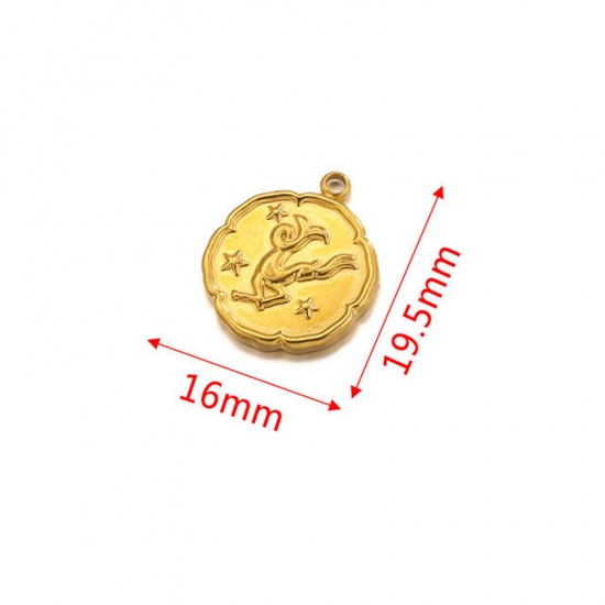 Image de Breloques en 304 Acier Inoxydable Rond Plaqué Or 18K Constellation Capricorne 16mm x 19.5mm , 2 Pcs