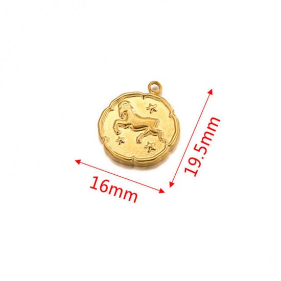 Image de Breloques en 304 Acier Inoxydable Rond Plaqué Or 18K Constellation Bélier 16mm x 19.5mm , 2 Pcs
