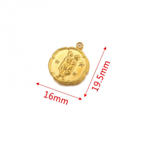 Image de Breloques en 304 Acier Inoxydable Rond Plaqué Or 18K Constellation Gémeaux 16mm x 19.5mm , 2 Pcs
