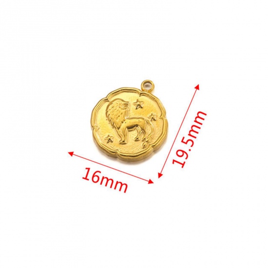 Image de Breloques en 304 Acier Inoxydable Rond Plaqué Or 18K Constellation Lion 16mm x 19.5mm , 2 Pcs