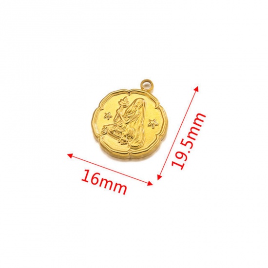 Image de Breloques en 304 Acier Inoxydable Rond Plaqué Or 18K Constellation Vierge 16mm x 19.5mm , 2 Pcs