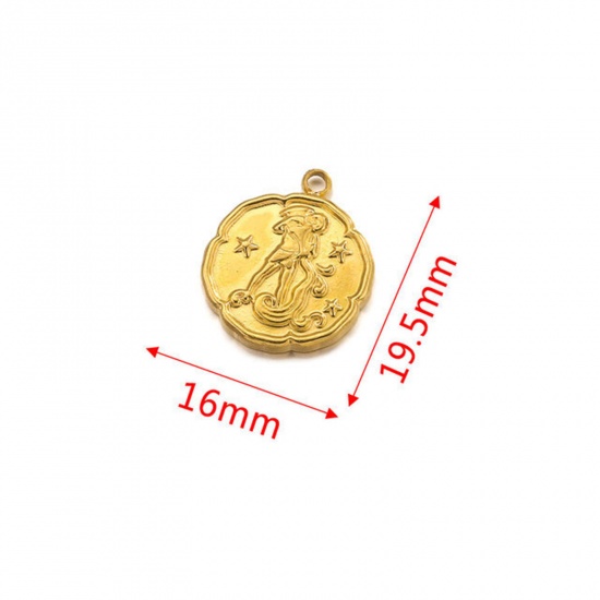 Image de Breloques en 304 Acier Inoxydable Rond Plaqué Or 18K Constellation Verseau 16mm x 19.5mm , 2 Pcs