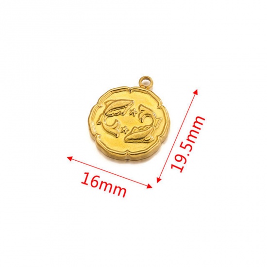 Image de Breloques en 304 Acier Inoxydable Rond Plaqué Or 18K Constellation Poissons 16mm x 19.5mm , 2 Pcs