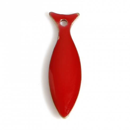 Immagine di Ottone Sequins Smaltati Charms Colore di Ottone Rosso Pesce Smalto 15mm x 4mm, 10 Pz                                                                                                                                                                          