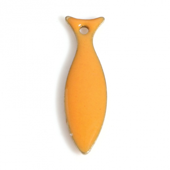 Immagine di Ottone Sequins Smaltati Charms Colore di Ottone Arancione Pesce Smalto 15mm x 4mm, 10 Pz                                                                                                                                                                      
