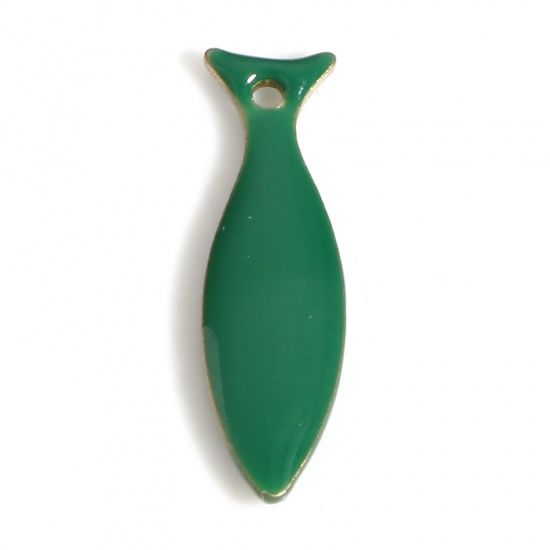 Immagine di Ottone Sequins Smaltati Charms Colore di Ottone Verde Scuro Pesce Smalto 15mm x 4mm, 10 Pz                                                                                                                                                                    