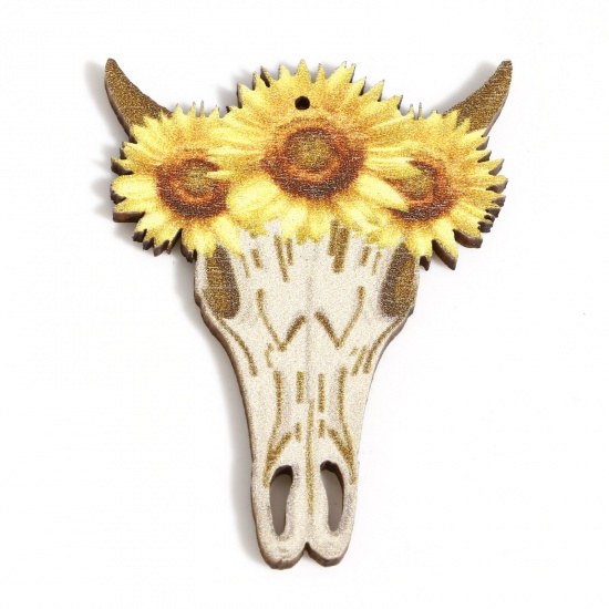 Immagine di Legno Stile Bohemien Ciondoli Multicolore Testa di Toro/Testa di Mucca Girasole 5cm x 3.7cm, 10 Pz