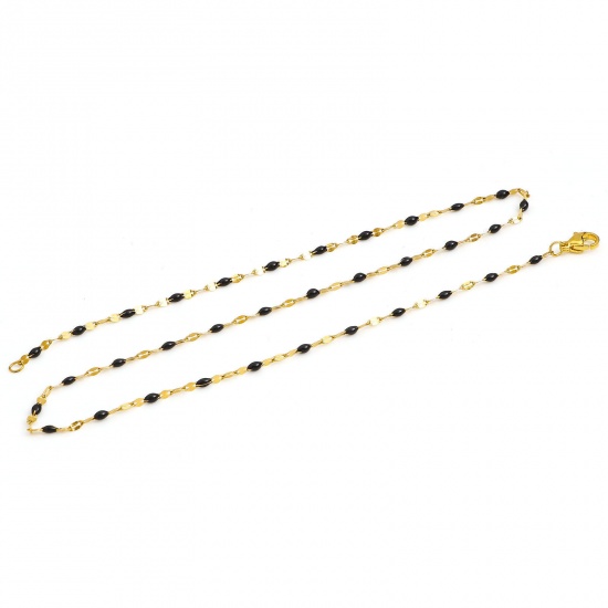 Picture of 304 Stainless Steel Lips Chain Necklace For DIY Jewelry Making Gold Plated Black Enamel 42cm(16 4/8") long, Chain Size: 2mm, 1 Piece