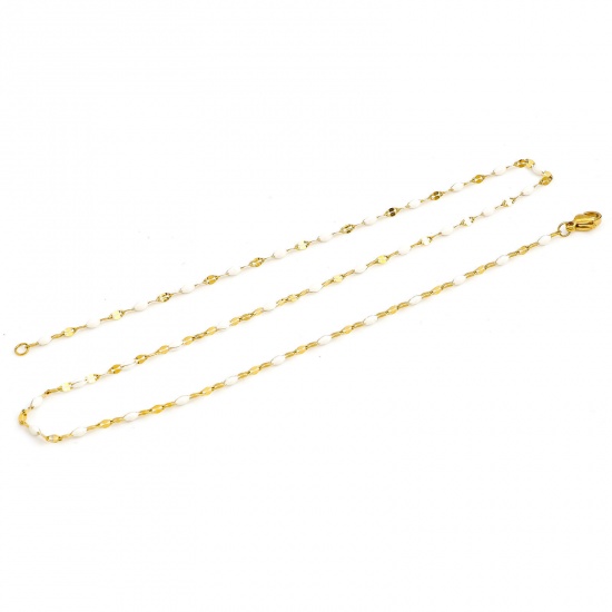 Picture of 304 Stainless Steel Lips Chain Necklace For DIY Jewelry Making Gold Plated White Enamel 42cm(16 4/8") long, Chain Size: 2mm, 1 Piece