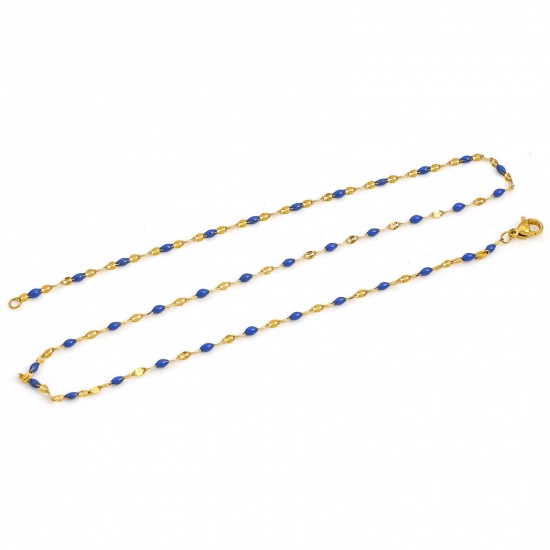 Picture of 304 Stainless Steel Lips Chain Necklace For DIY Jewelry Making Gold Plated Royal Blue Enamel 42cm(16 4/8") long, Chain Size: 2mm, 1 Piece