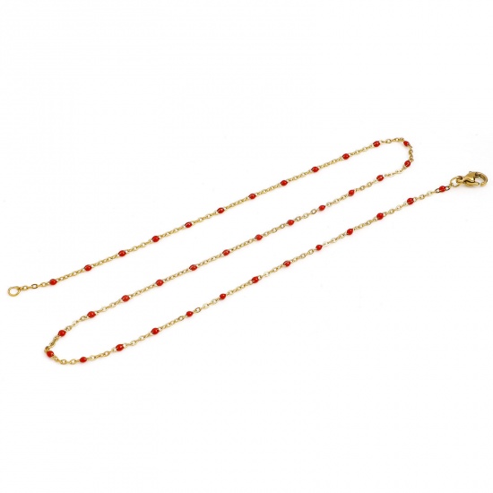 Bild von 304 Edelstahl Gliederkette Kette Halskette Vergoldet Rot Emaille 45cm lang, Kettengröße: 2mm, 1 Strang