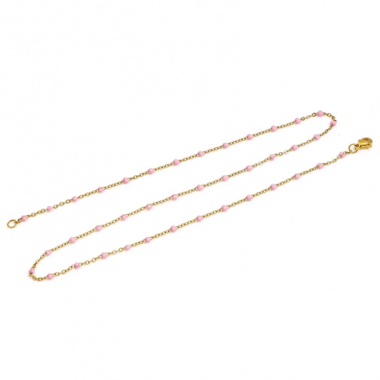 Bild von 304 Edelstahl Gliederkette Kette Halskette Vergoldet Rosa Emaille 45cm lang, Kettengröße: 2mm, 1 Strang