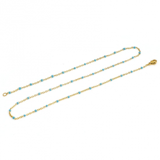 Bild von 304 Edelstahl Gliederkette Kette Halskette Vergoldet Azurblau Emaille 45cm lang, Kettengröße: 2mm, 1 Strang