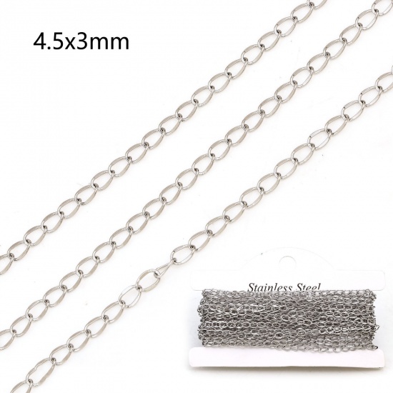 Picture of 304 Stainless Steel Curb Link Chain For Handmade DIY Jewelry Making Findings Silver Tone 4.5x3mm, 1 Roll (Approx 3 M/Roll)