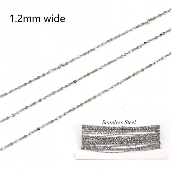 Picture of 304 Stainless Steel Laminated Chain For Handmade DIY Jewelry Making Findings Silver Tone 1.2mm, 1 Roll (Approx 3 M/Roll)