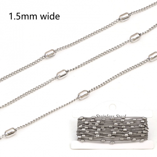 Picture of 304 Stainless Steel Curb Link Chain For Handmade DIY Jewelry Making Findings Silver Tone 1.5mm, 1 Roll (Approx 3 M/Roll)