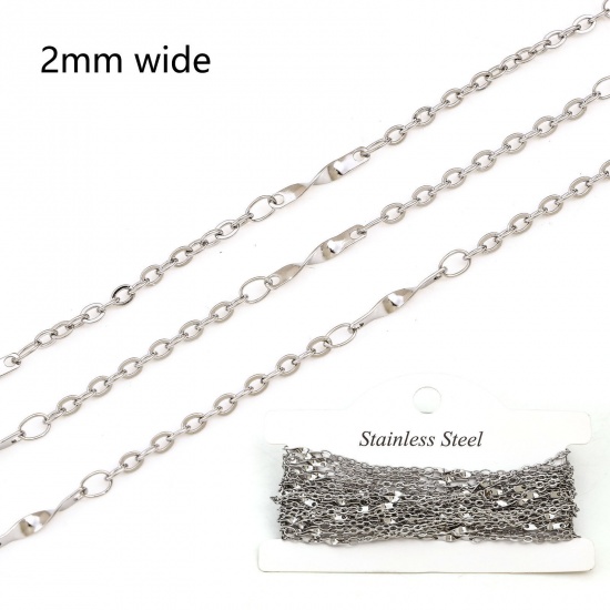 Picture of 304 Stainless Steel Twisted Stick Chain For Handmade DIY Jewelry Making Findings Silver Tone 2mm, 1 Roll (Approx 3 M/Roll)