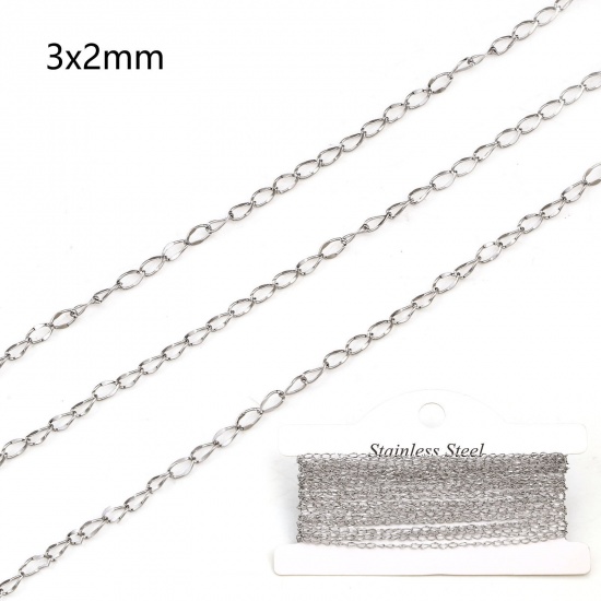 Picture of 304 Stainless Steel Curb Link Chain For Handmade DIY Jewelry Making Findings Silver Tone 3x2mm, 1 Roll (Approx 5 M/Roll)