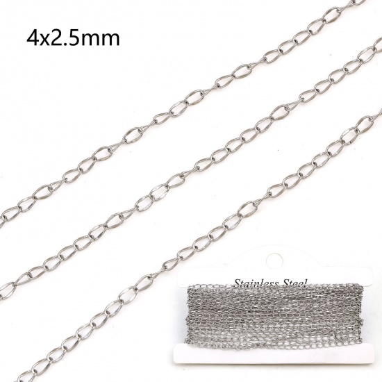 Picture of 304 Stainless Steel Curb Link Chain For Handmade DIY Jewelry Making Findings Silver Tone 4x2.5mm, 1 Roll (Approx 5 M/Roll)