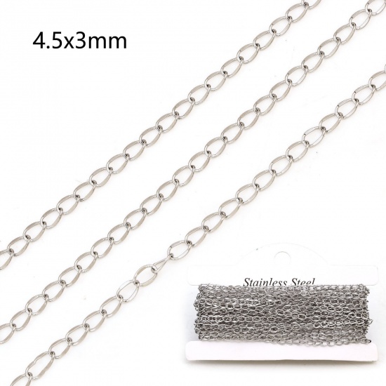 Picture of 304 Stainless Steel Curb Link Chain For Handmade DIY Jewelry Making Findings Silver Tone 4.5x3mm, 1 Roll (Approx 5 M/Roll)