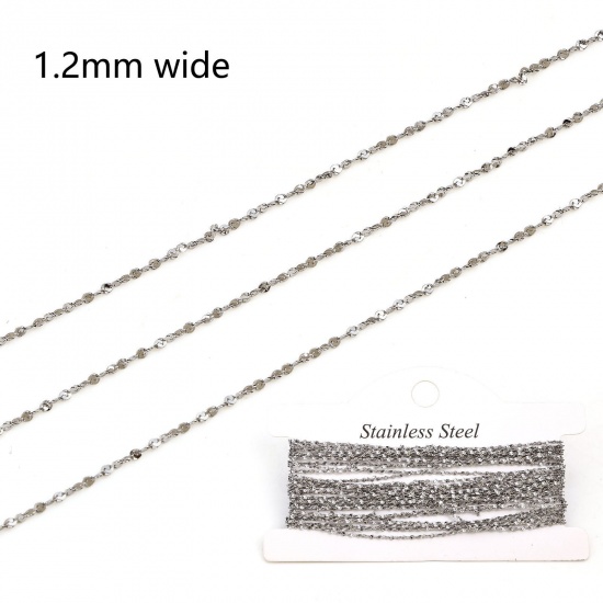 Picture of 304 Stainless Steel Laminated Chain For Handmade DIY Jewelry Making Findings Silver Tone 1.2mm, 1 Roll (Approx 5 M/Roll)