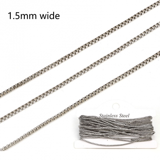 Picture of 304 Stainless Steel Box Chain For Handmade DIY Jewelry Making Findings Silver Tone 1.5mm, 1 Roll (Approx 5 M/Roll)