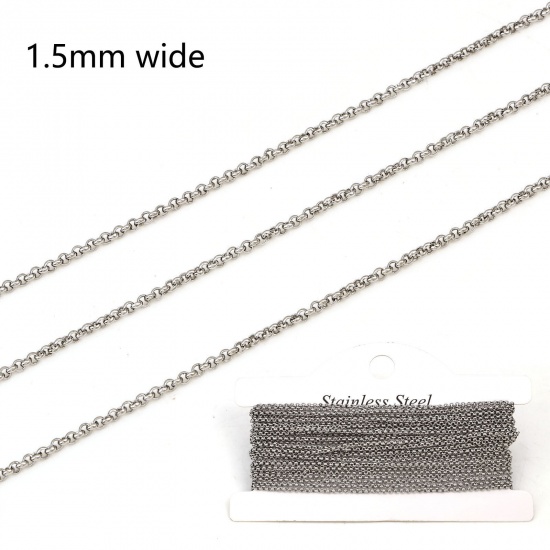 Picture of 304 Stainless Steel Rolo Chain For Handmade DIY Jewelry Making Findings Silver Tone 1.5mm, 1 Roll (Approx 5 M/Roll)