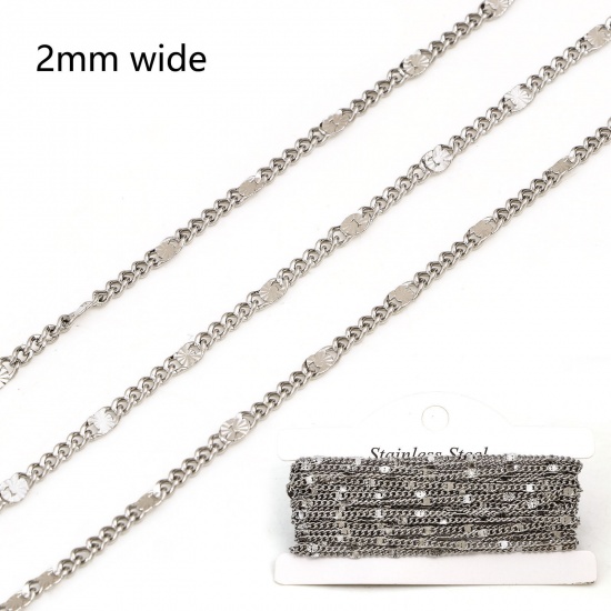 Picture of 304 Stainless Steel Textured Chain For Handmade DIY Jewelry Making Findings Silver Tone 2mm, 1 Roll (Approx 5 M/Roll)
