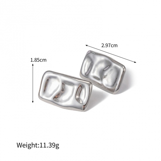 Picture of 304 Stainless Steel Hammered Ear Post Stud Earrings Silver Tone Rectangle 3cm x 1.8cm, 1 Pair