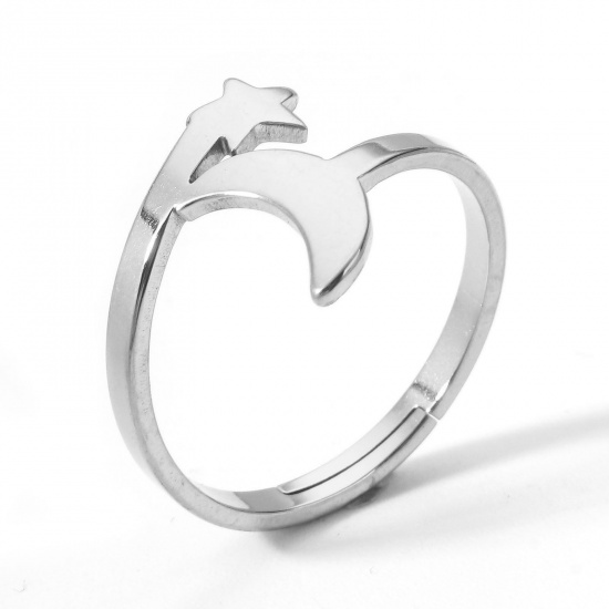Immagine di 2 Pz 304 Acciaio Inossidabile Aperto Regolabile Anello Tono Argento Stella e Mezzaluna 16.9mm (taglia di US: 6.5)