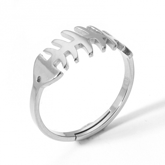 Picture of 2 PCs 304 Stainless Steel Open Adjustable Rings Silver Tone Fish Bone 16.9mm(US Size 6.5)