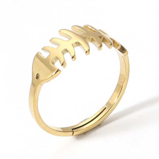 Picture of 2 PCs 304 Stainless Steel Open Adjustable Rings Gold Plated Fish Bone 16.9mm(US Size 6.5)